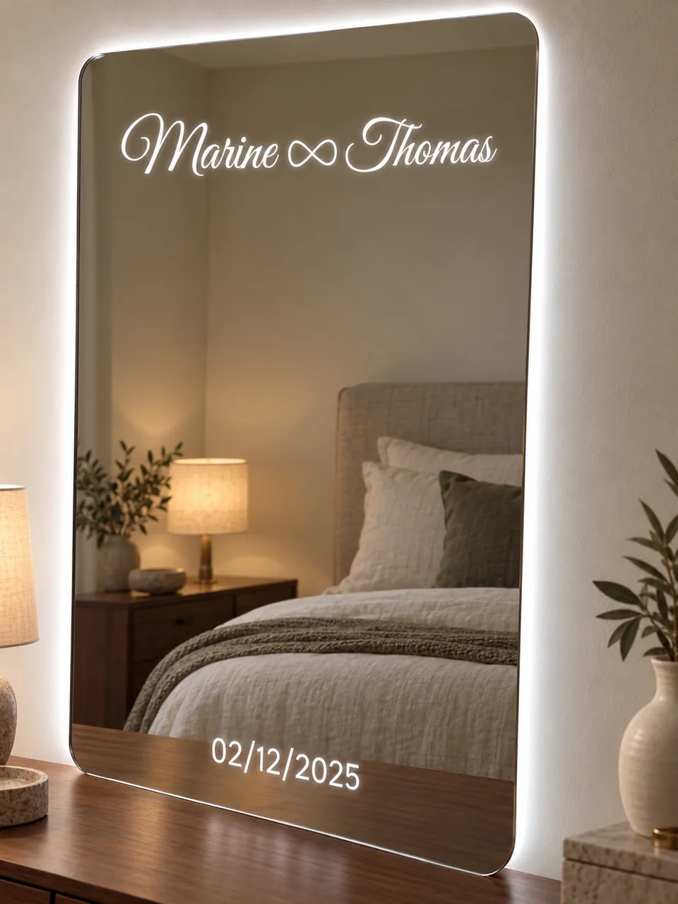 Miroir couple aux angles arrondis, halo blanc, Marine ∞ Thomas
