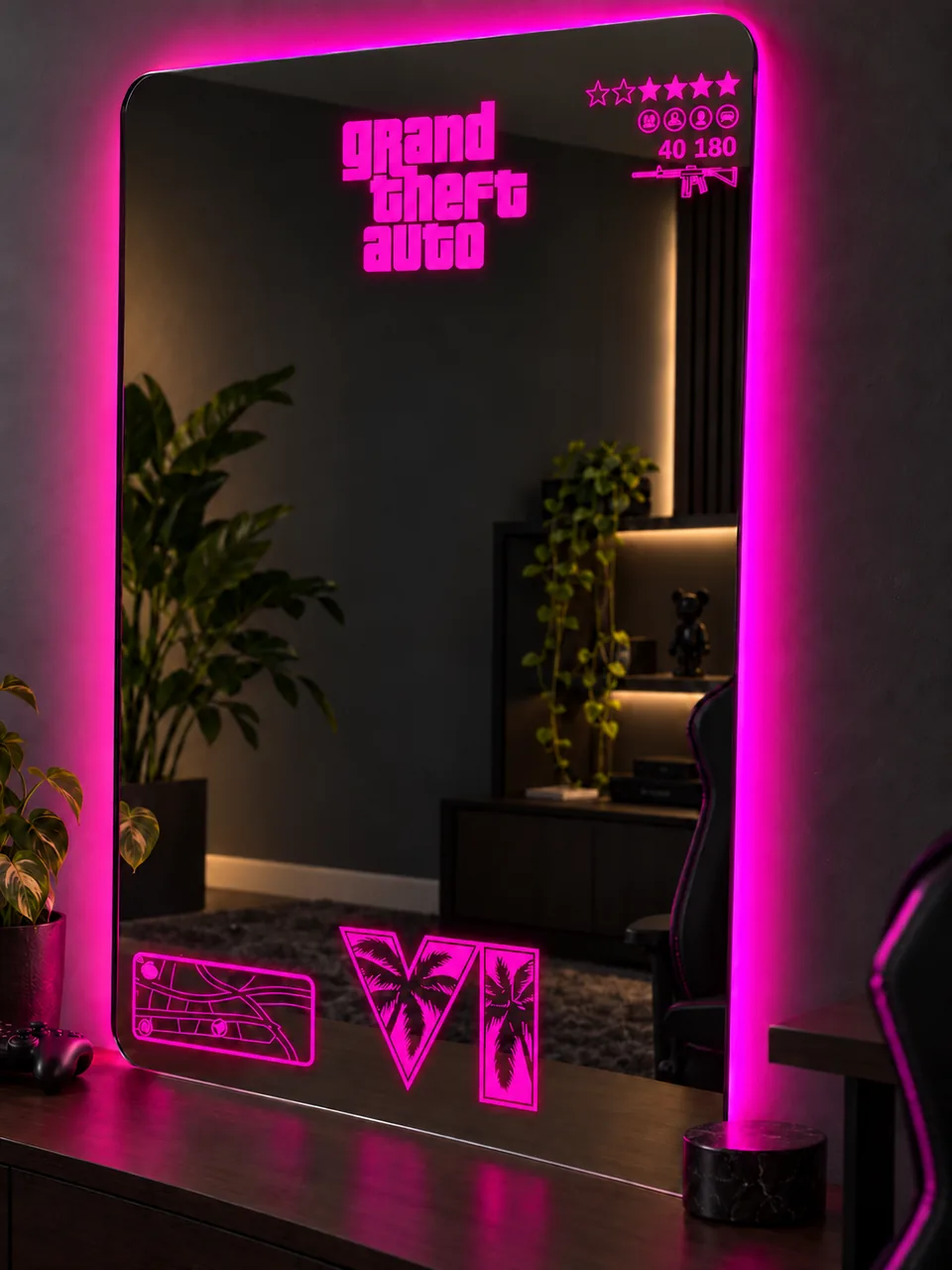 Miroir GTA 6 aux angles arrondis, halo rose, lettrage Grand Theft Auto, étoiles, mini-carte et motif VI