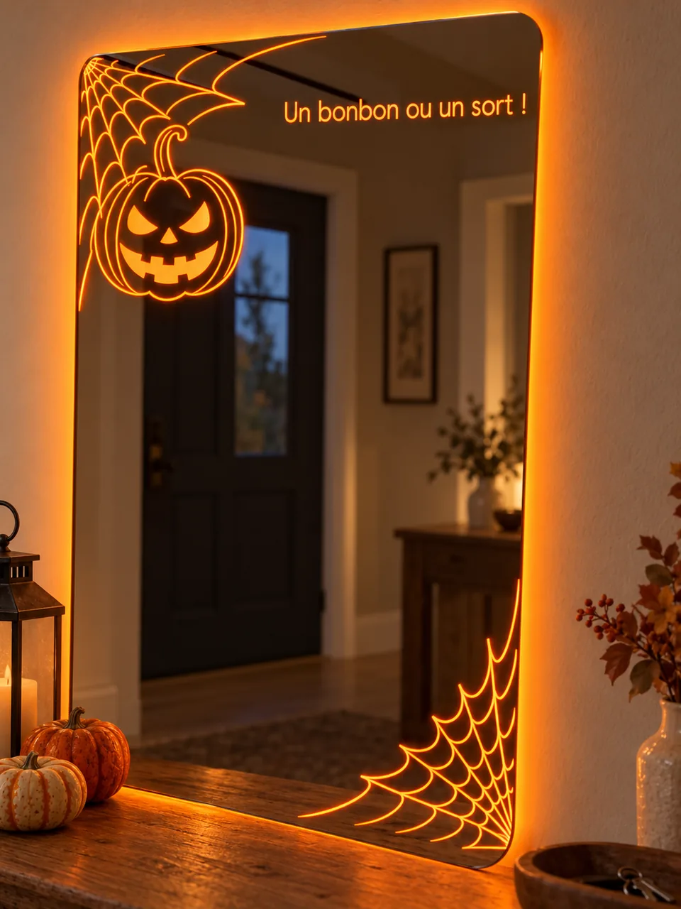 Miroir Halloween aux angles arrondis, halo orange, citrouille et toiles