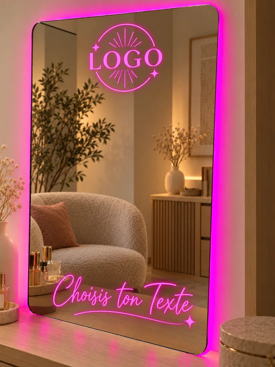 Miroir personnalisé aux angles arrondis, halo rose, LOGO stylisé et Choisis ton Texte en création libre