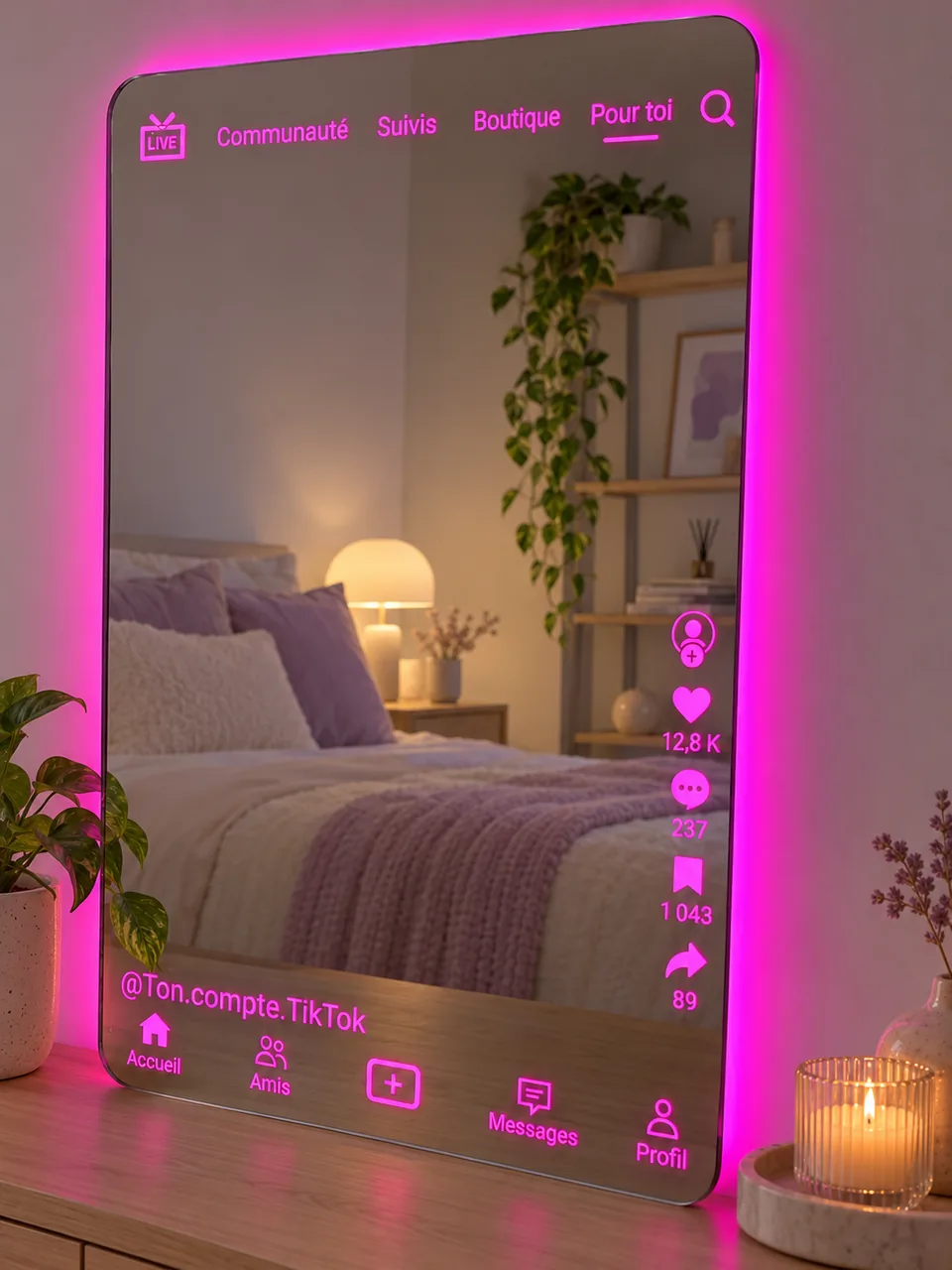 Miroir TikTok aux angles arrondis, halo rose, @Ton.compte.TikTok