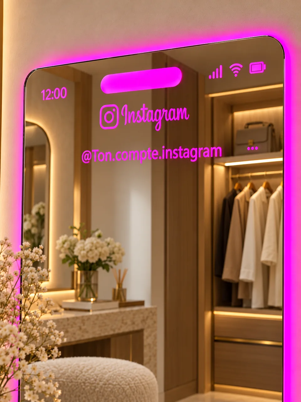 Détail du miroir Instagram : nom de compte gravé, angle arrondi et halo rose