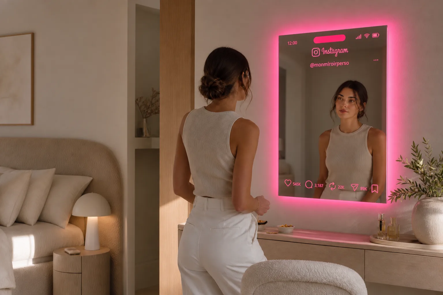 Miroir Instagram personnalisé lumineux avec halo rose installé au-dessus d’une coiffeuse