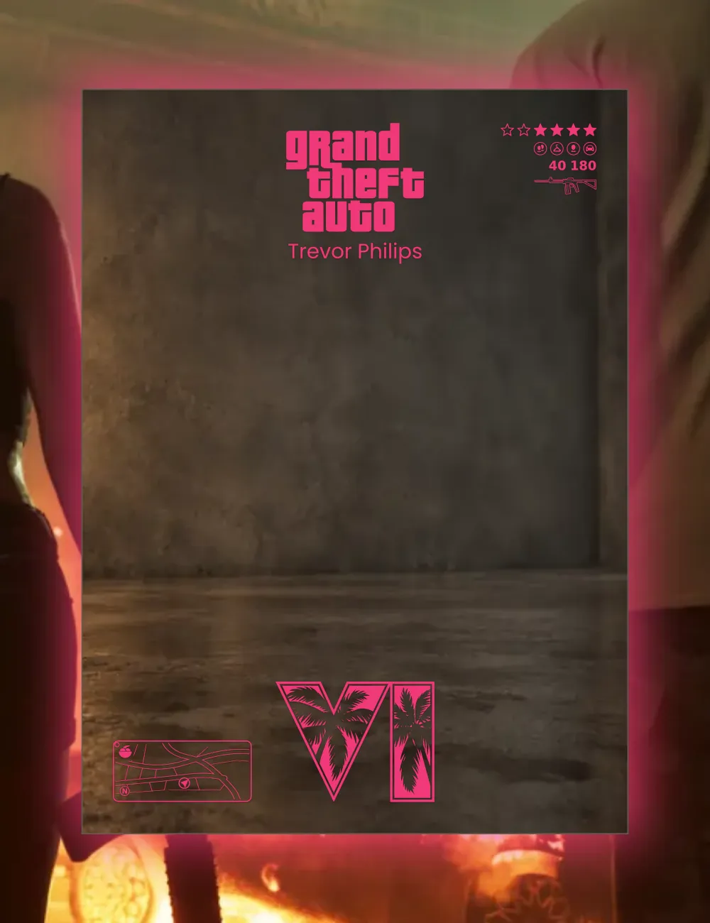 Aperçu du miroir GTA 6 personnalisé avec le nom Trevor Philips, les étoiles, la mini-carte et le VI