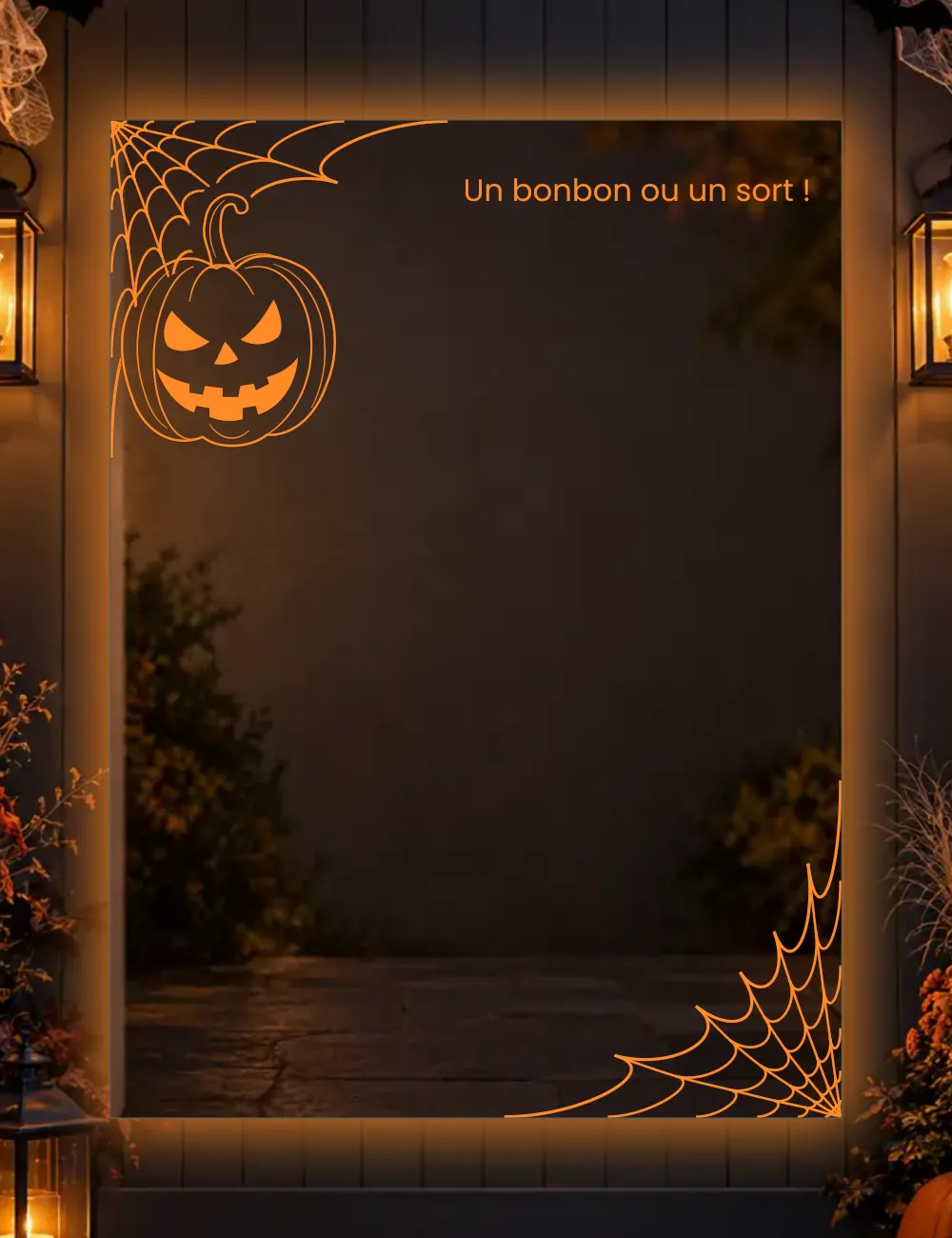 Aperçu du miroir Halloween personnalisé avec citrouille, toiles d’araignée et halo orange
