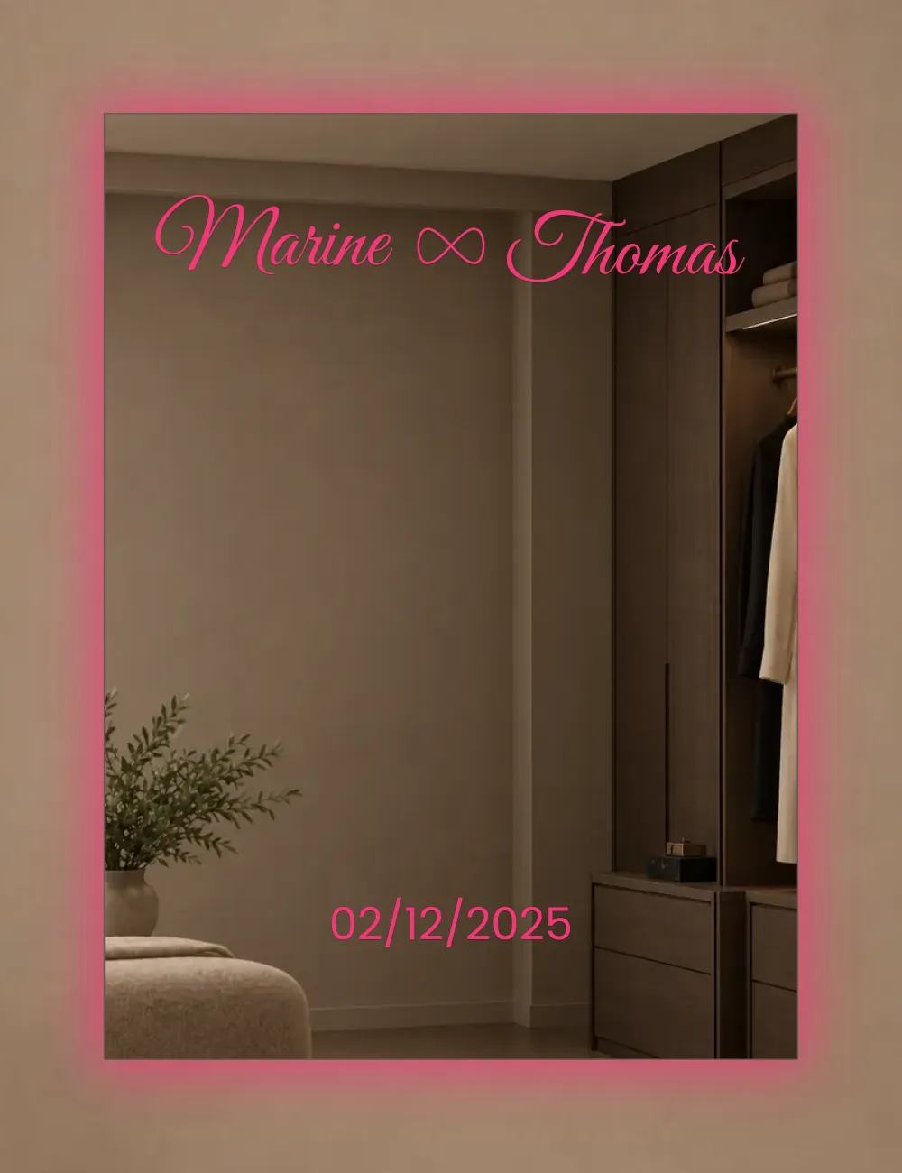 Aperçu du miroir personnalisé pour couple avec les prénoms Marine et Thomas, un symbole infini et une date