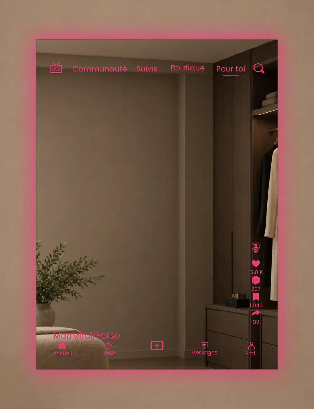 Aperçu du miroir TikTok personnalisé Signature, nom MonMiroirPerso, icônes et halo rose
